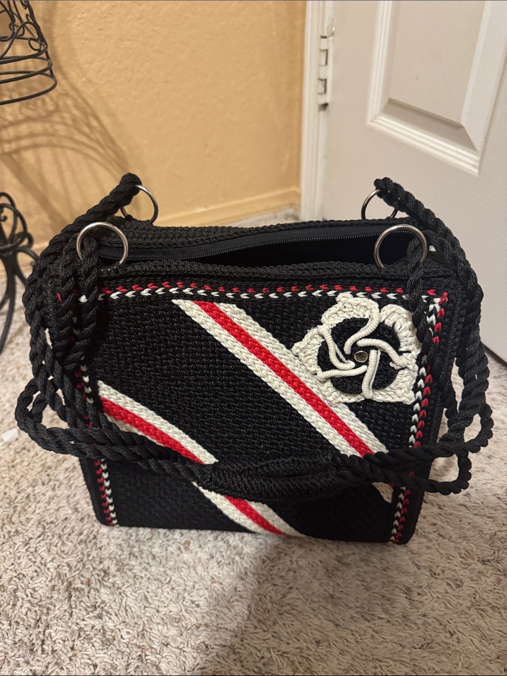Black Woven Bag with Red & White Stripes